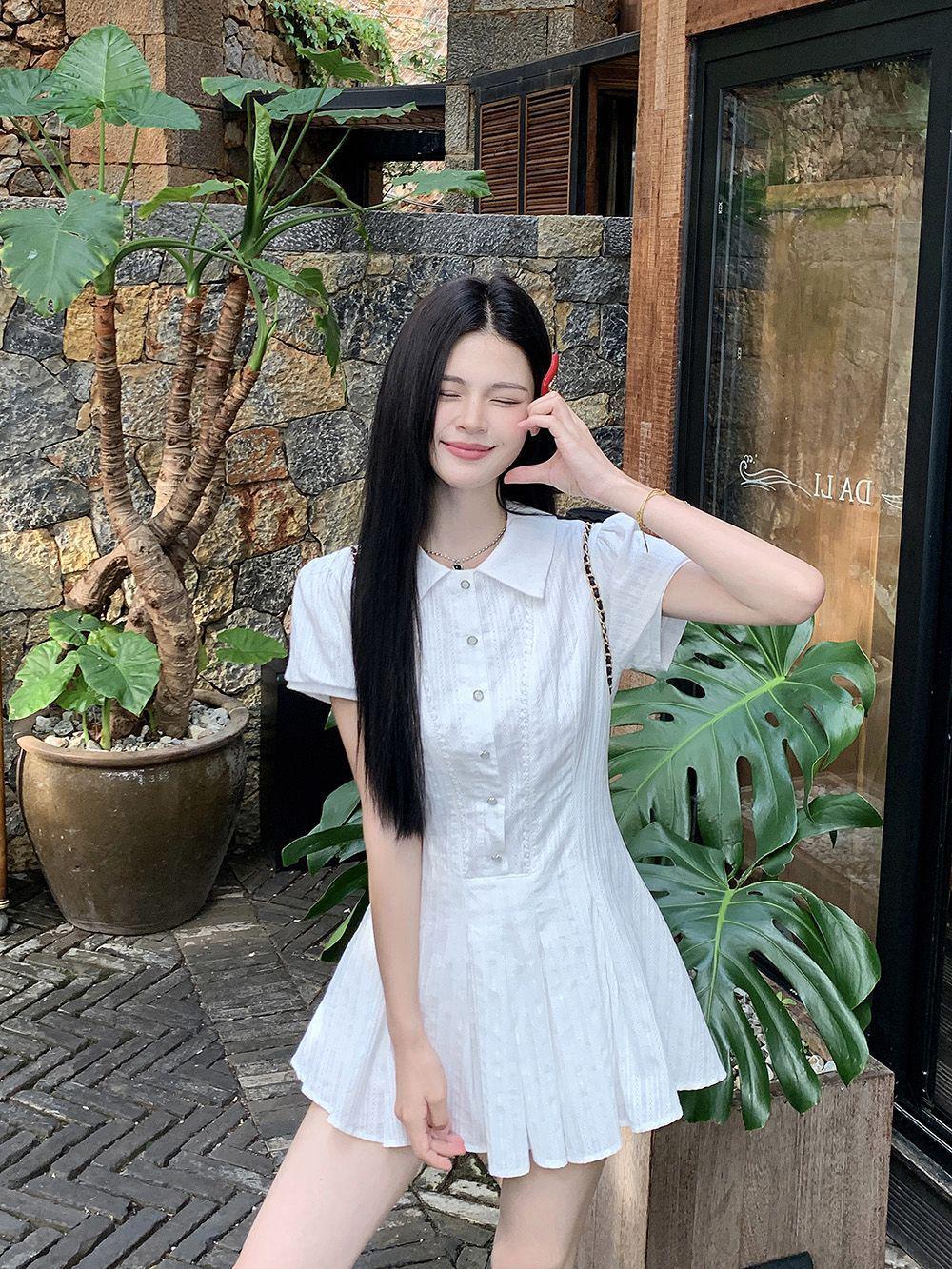 2026 Women s College Style White Shirt Dress with Pleated Mini Skirt L