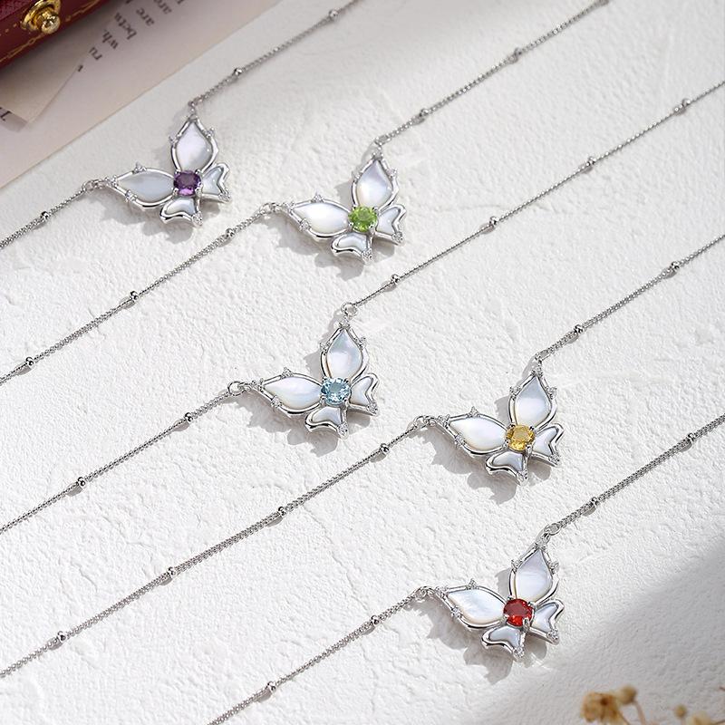 S925 Sterling Silver Butterfly Necklace, Inlaid Natural Crystal, Multi-color Optional, Elegant Clavicle Chain Jewelry for Women, Gift for Girlfriend