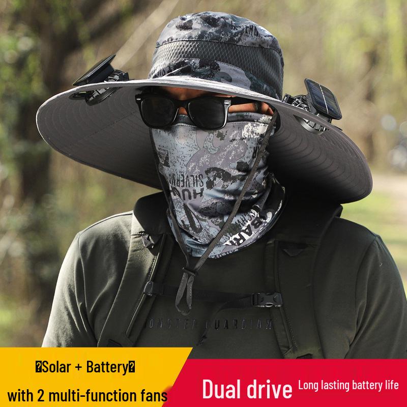 Men's Summer Outdoor Cooling Fan Hat - High Wind Power Sun Protection for Hiking, Fishing, and Mountaineering. Lightweight Fisherman Style.