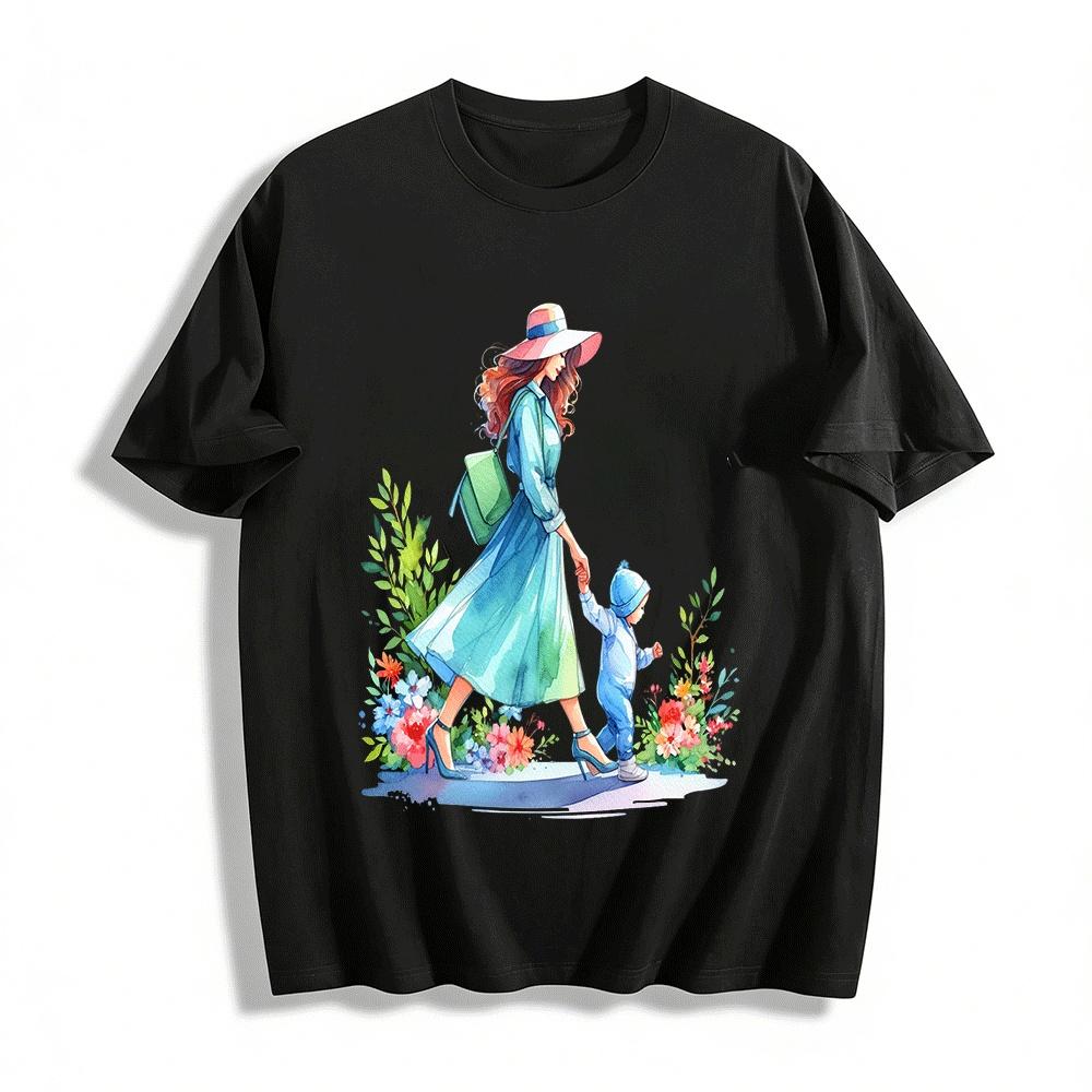 Watercolor Mother Child Walking Print Warm Casual Top Pure cotton T-shirt XXS