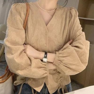 Women's Pleated Shirt Solid Color American Version V-neck Single Breasted Button Puff Sleeve Woman Blouse Spring Loose Fashion Leisure Famale Top