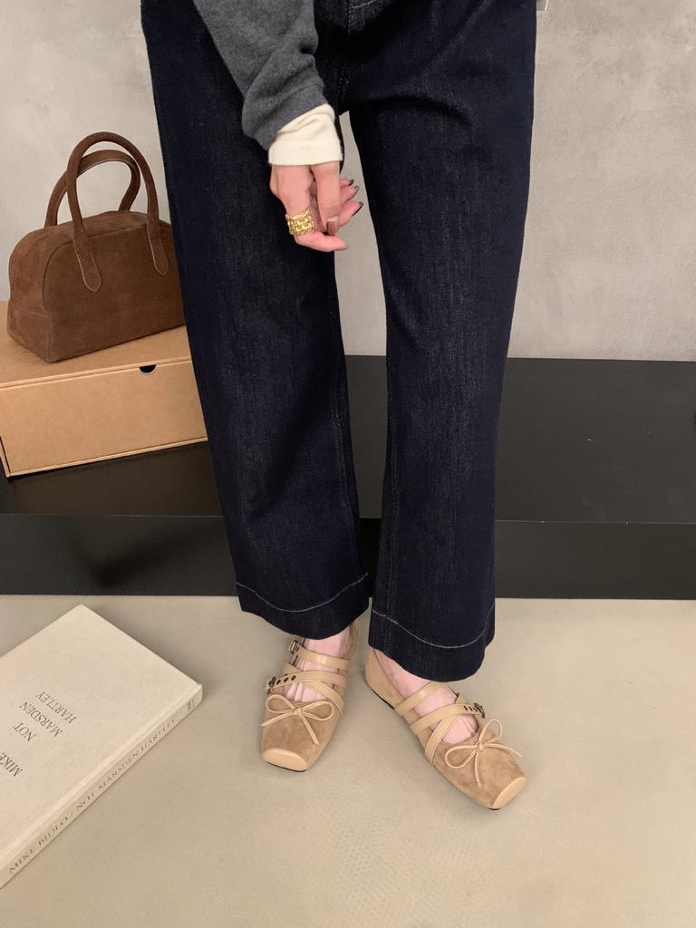 2025 new autumn gentle wind retro square head bow belt buckle shallow mouth single shoe women's soft sole one pedal