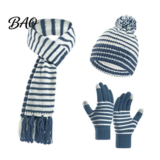 Soft Skin Friendly Winter Set 1 Hat Scarf Gloves for Kids, Fleece Lined Striped Knit with Children Elastic Ribbed Pom Pom, Cozy Toddlers Boys