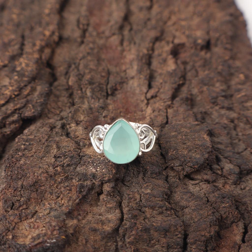 Aqua Chalcedony Stone Sterling Silver Wife Gift Artisan Eternity Ring Jewelry RR-46-8