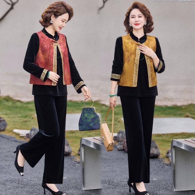 

Women s Spring 2026 Gold Velvet Vest and Suit Set for Middle-Aged and Elderly - Stylish Chinese Design 5XL [150-165 lbs]