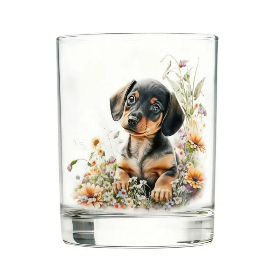 Whiskey Glass, Dachshund Glass Tumbler, Hand Painted Dog Floral Cup for Whiskey Coffee, Home Bar Gift for Dog Lovers