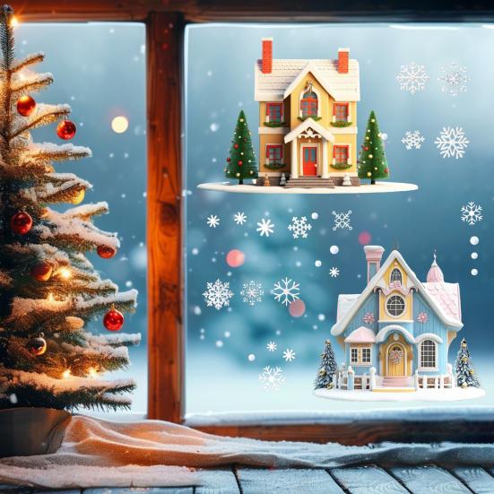 Christmas Double House Window Cling Removable Waterproof PVC Merry Christmas Winter Cabin Static Glass Sticker Holiday Party Decoration Decal