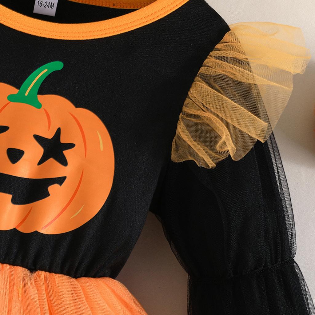 Vestito a maniche lunghe con stampa di zucche per bambina, per l'uso casual di tutti i giorni