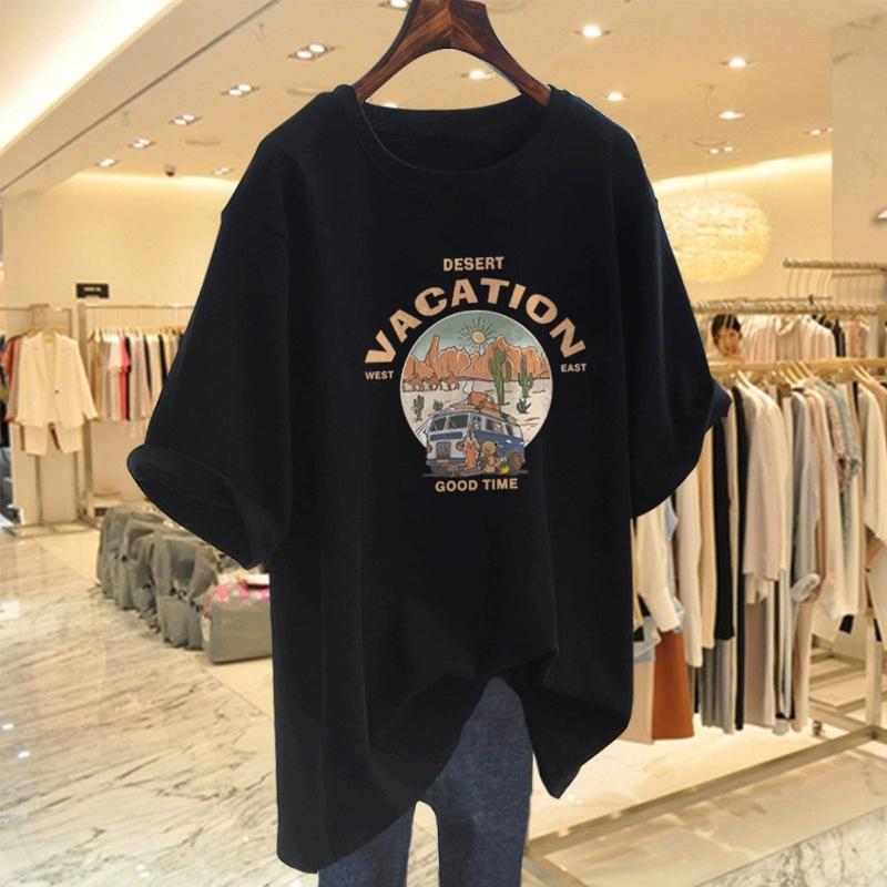 Cartoon Short-sleeved T-shirt Women's Summer New Large Size Loose Medium and Long Half-sleeved T-shirt Pure Cotton Top Bottoming Shirt