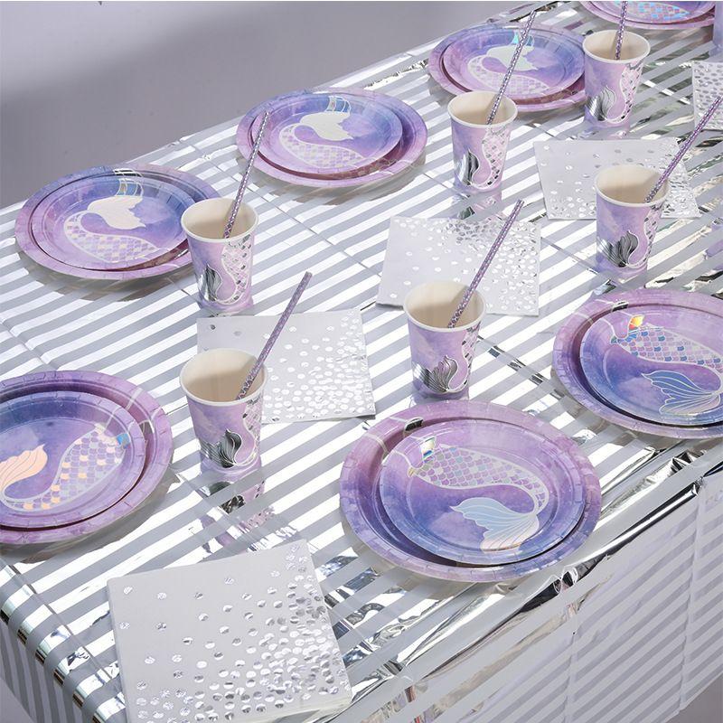 Mermaid-Themed Birthday Party Decorations: Fish-Scale Tableware Set, Disposable Paper Plates, Paper Cups, and Tablecloths