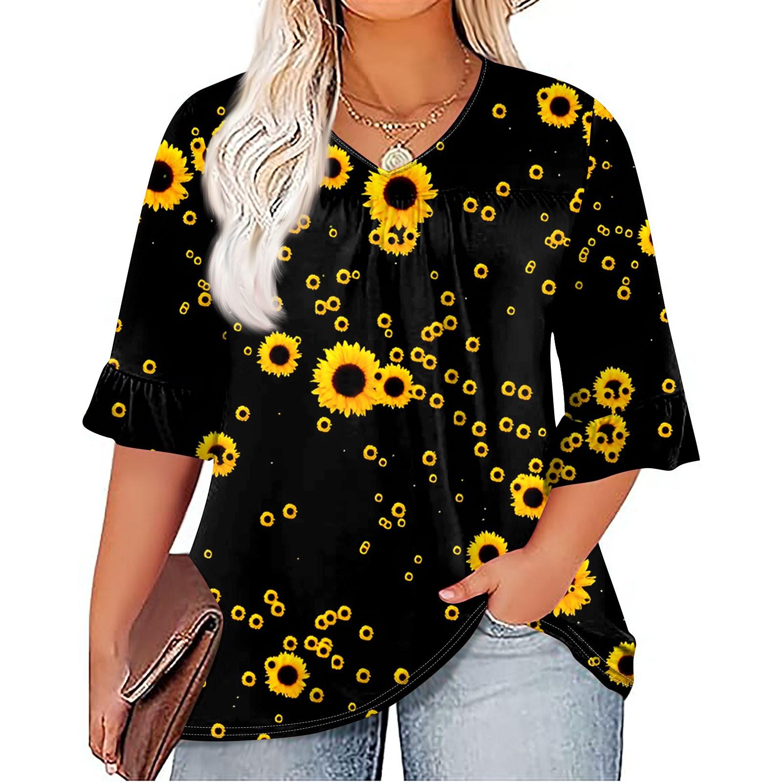 

Женская мода, повседневная плиссированная футболка с v-образным вырезом и принтом, семиминутная футболка с рюшами и рукавами, топы больших размеров XXL чёрный