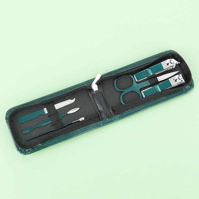 9-Piece Dark Green Manicure Set with Zipper Bag and 6 Black Nail Clippers
