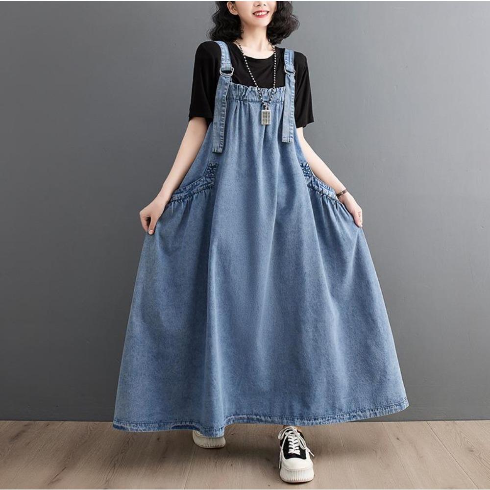 Vestito Salopette in Denim Lavato Retrò da Donna Vestibilità Larga Lungo Maxi Linea ad A Casual Tuta Vestito