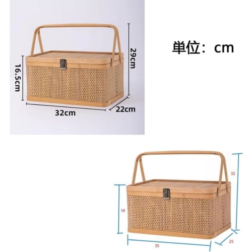 Woven Bamboo Basket with Lid, Rectangular Storage Case for Home and Outdoor Use, Picnic Basket, Fruit Basket, Natural Materials, Tea Ceremony Basket,
