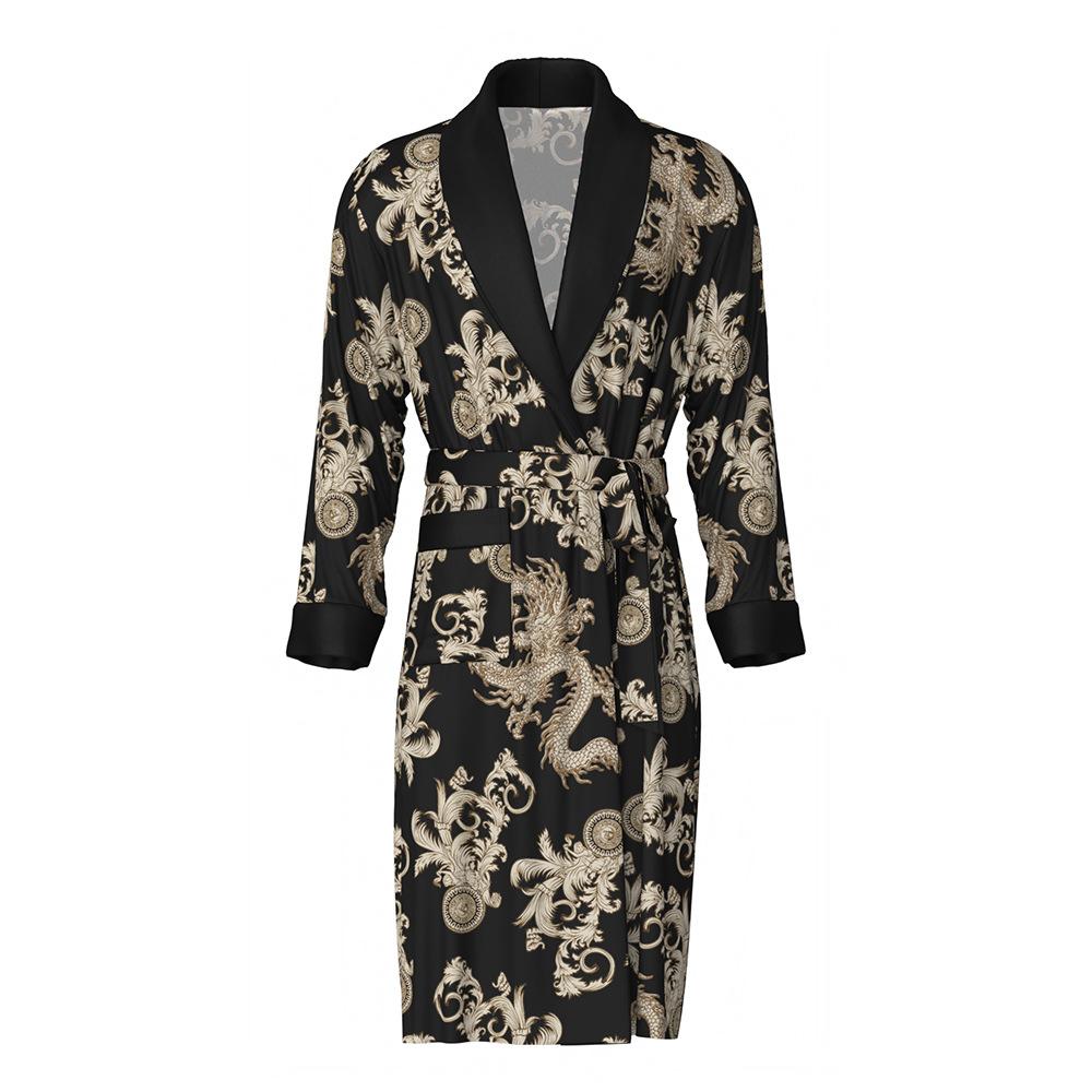 Men Long Sleeve Ice Silk Robe Soft Bathrobe Sleepwear Lightweight Smooth Loungewear Night Robe For Home Daily Wear