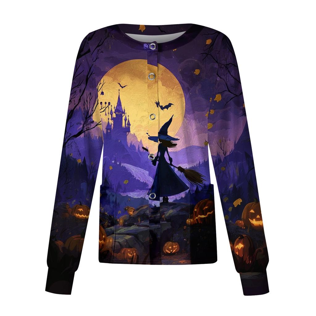 Women's Casual Long Sleeve Single Breasted Cardigan Halloween Print Medical Scrub Jacket Lightweight Button Up Top for Healthcare