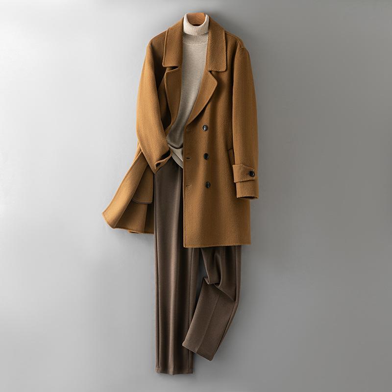 100% Ull Ullkappa Mellanlång Dubbelknäppt Ull-trenchcoat Herr Dubbelsidig Kashmirfri Kappa
