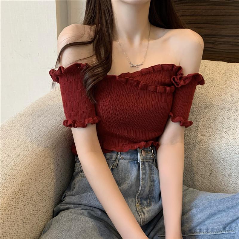 Womens Cropped Off Shoulder Knit T Shirt Sexy Slim Fit Sleeveless Top
