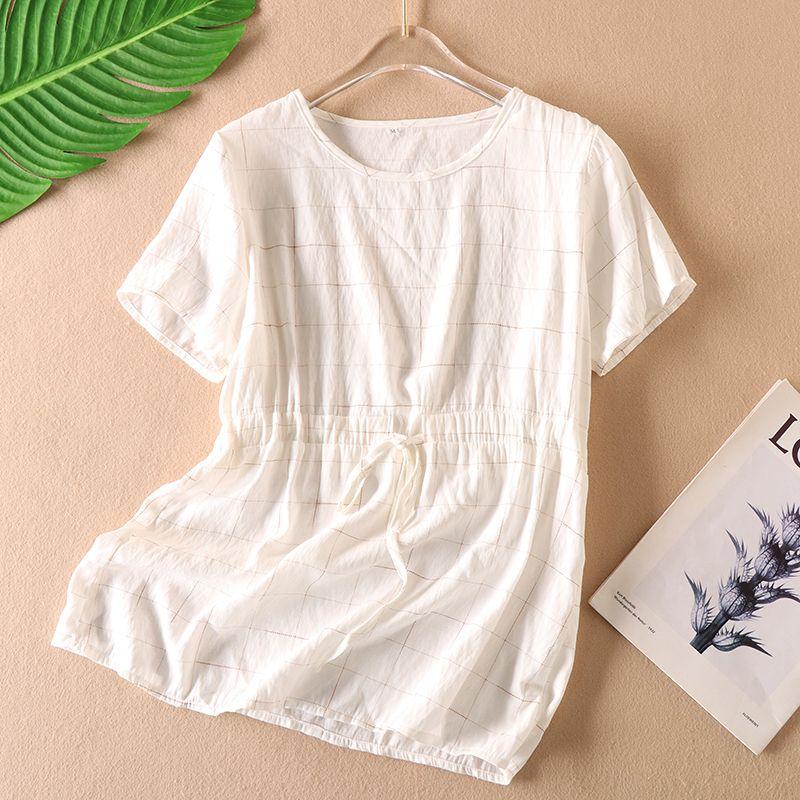 

Simple Slimming Easiest for Match Summer White round Neck Print Short-Sleeved T-shirt Female Shoelace Figure Flattering Belly-Covering Tops A72 Khakis XL