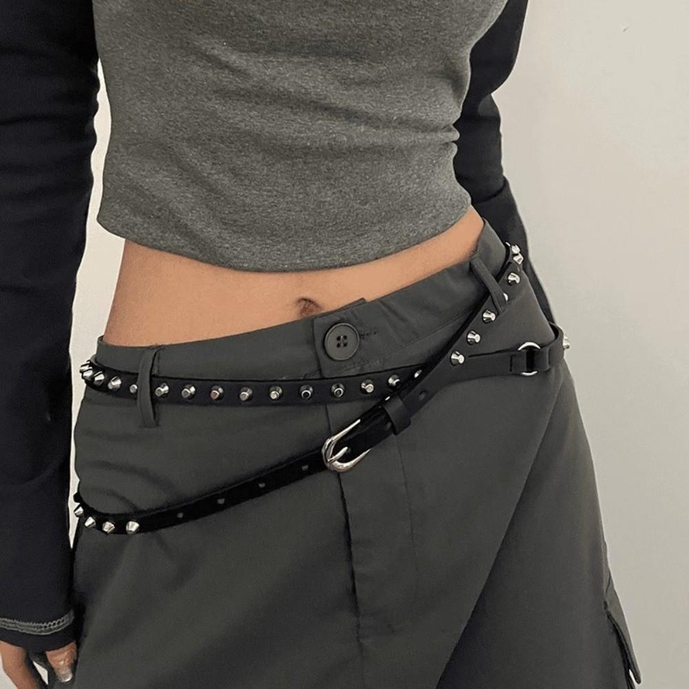Double Loop Leather Waist Belt Extra Long Dress Jeans Belt Simple Women's Rivet Belt Streetwear