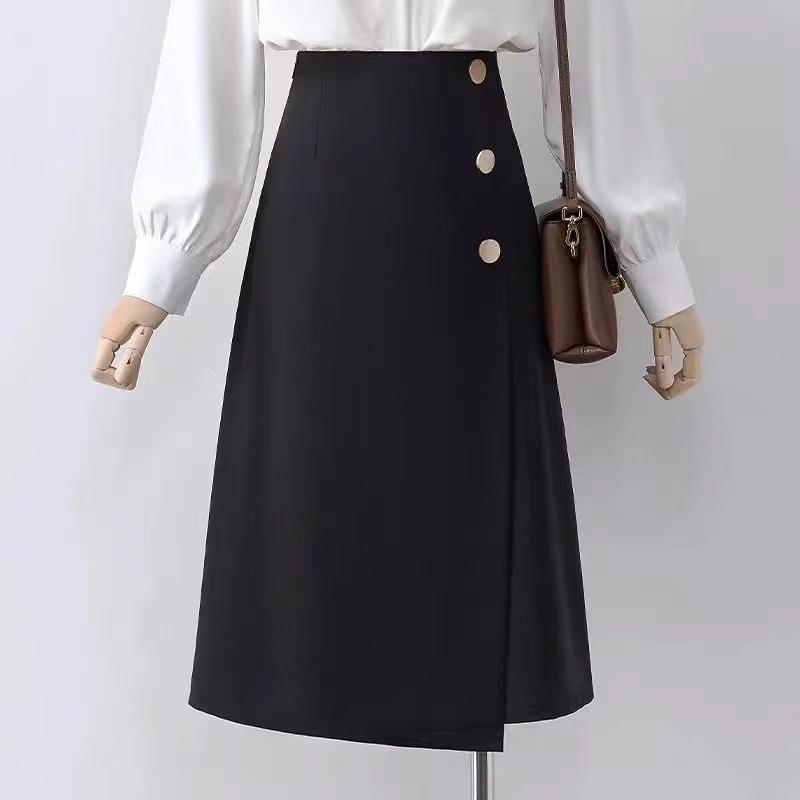 Dámská jarní a letní sukně áčkového střihu s vysokým pasem: Zeštíhlující, ke kolenům, módní pro práci i každodenní nošení