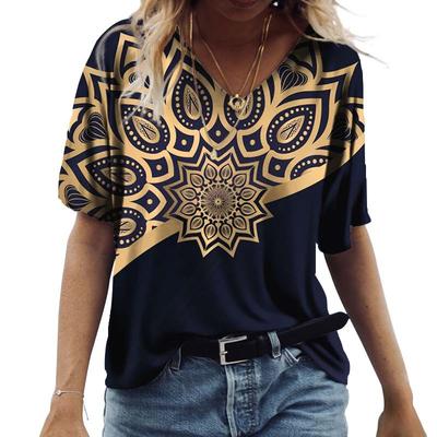 Plus Size Summer Women's T-Shirt Vintage Casual Black Fashion V Neck Pullover Short Sleeve Clothing Printed Loose Daily Tops