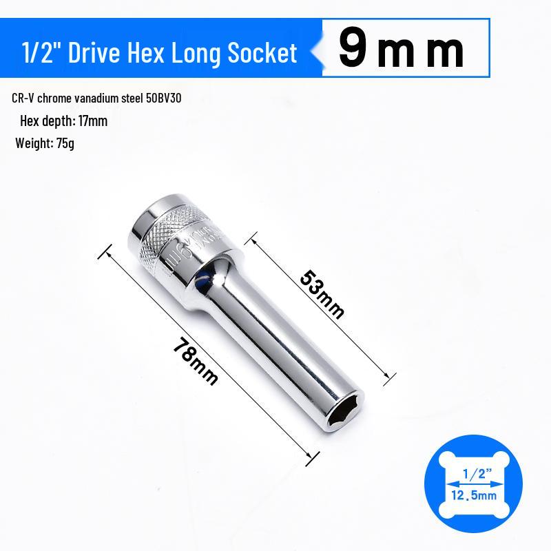 Dafei Hexagonal Extended Socket Head Set 8-32mm, 1/2" Ratchet Wrench Socket, Hollow Type.