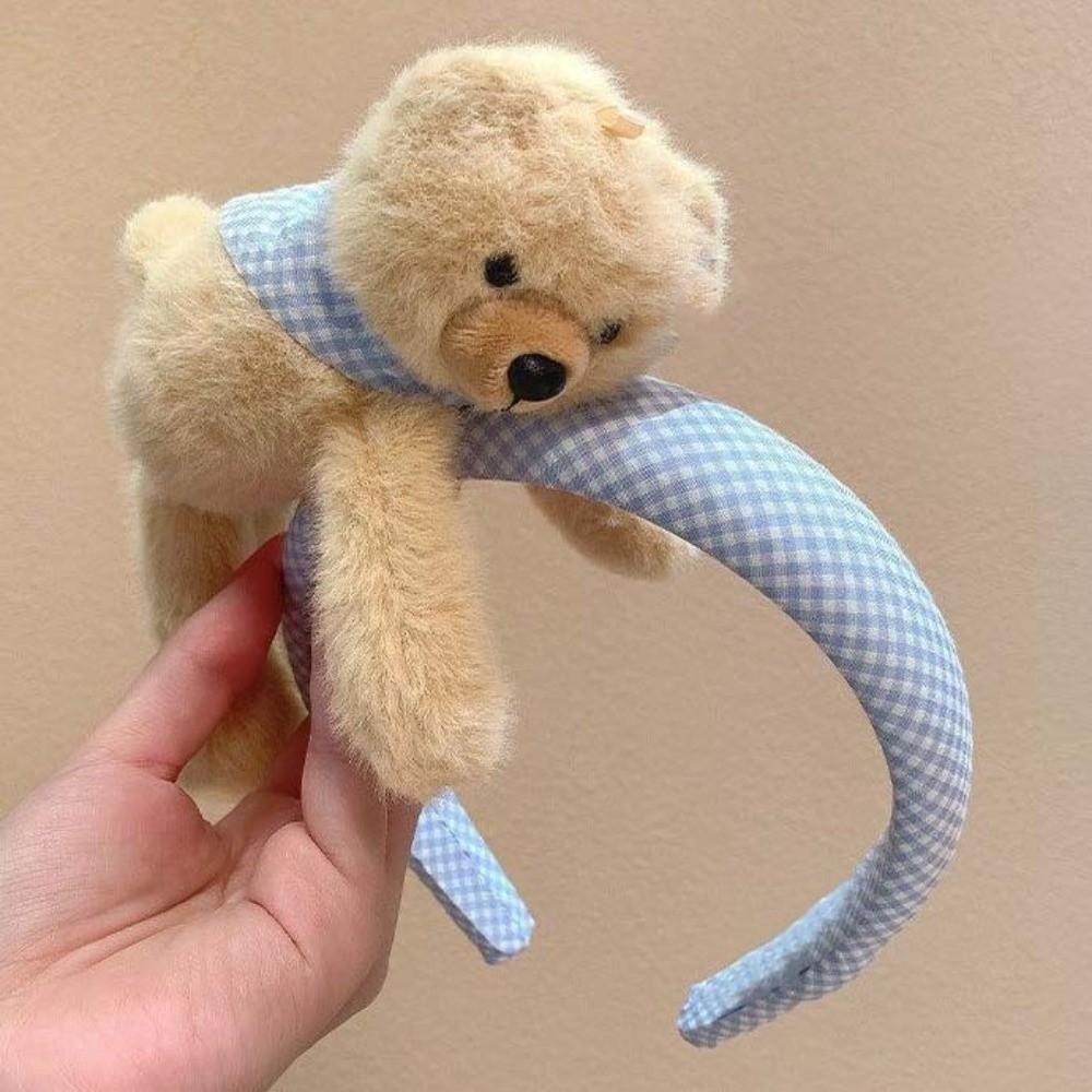 Elastic Cute Hair Hoops Soft Lay Down Bear Hairbands Gingham Tiaras Cartoon Bear Headwear Makeup