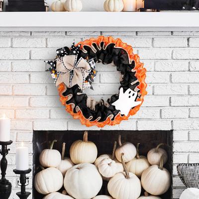 Halloween Wreath 15 Inch for Front Door, Rustic Ruffle with Rhinestone Bow Ghost And Burlap Fireplace Walls Windows Gothic Party Decor Fluffy