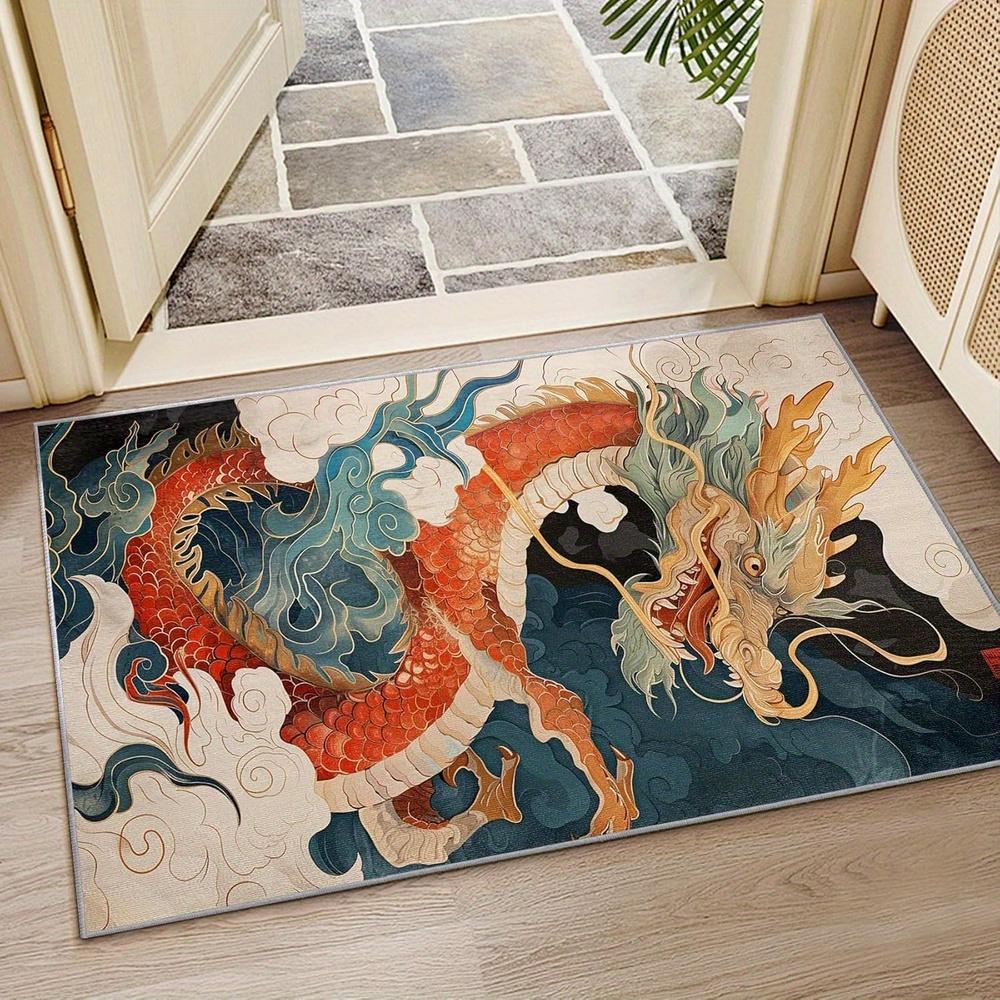 Dragon Mat - Non-Slip Washable Soft Polyester Area Mat with Vibrant Fantasy Dragon Design, Asian-Inspired Home Deco