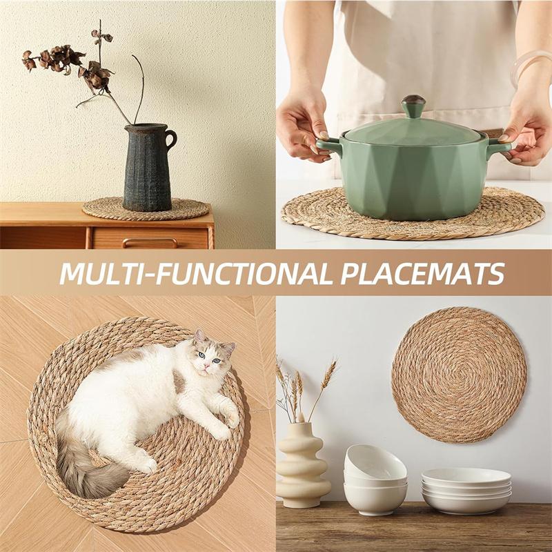 Definiertes Deco Geflochtenes Platzset Set von 1-4 Runde Rattantischsets Natürliche Wasserhyazinthe Tischsets für Esstisch, Zuhause, Hochzeit