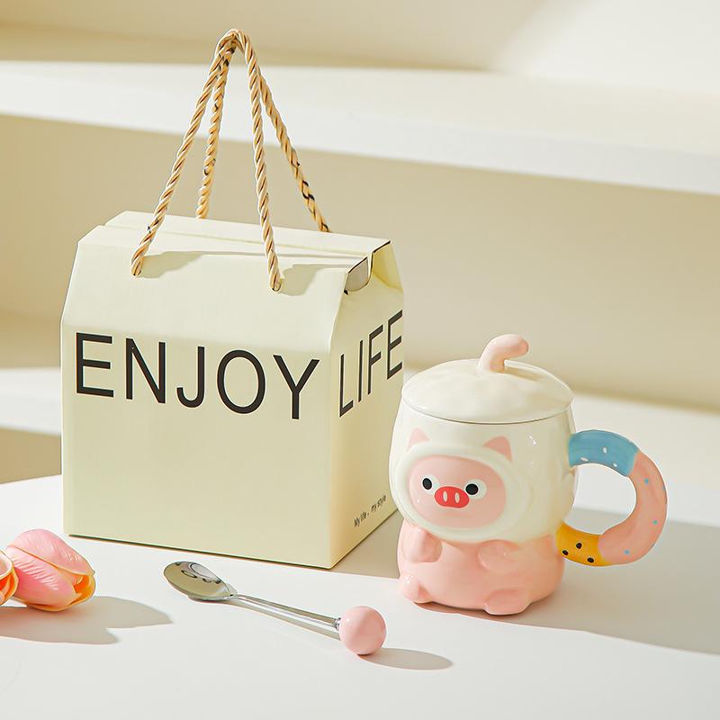 Cute cute cartoon piggy ceramic mug with lid for girls' birthday girlfriends practical souvenir gift box