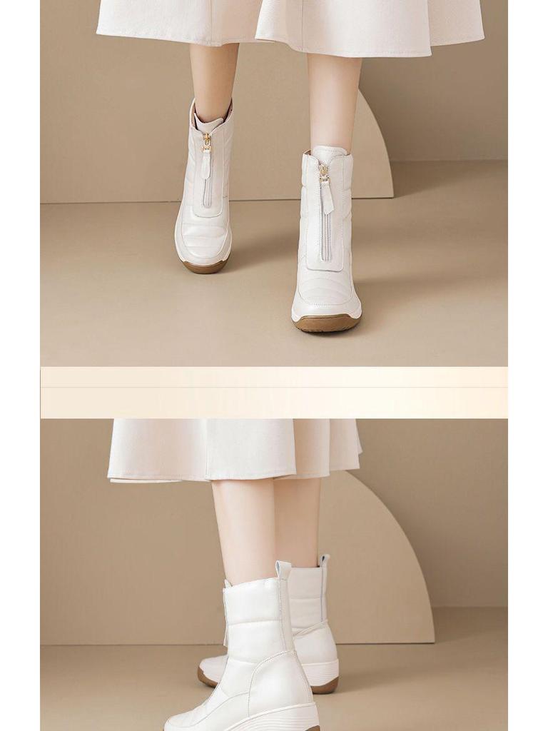 Damskie ocieplane polarem śniegowce z prawdziwej skóry, antypoślizgowy koturn, gruba podeszwa, kaszmirowe botki - Jesień/Zima 2025.