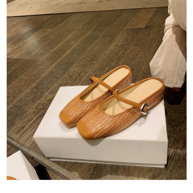 Sheepskin~ inner height increase 5cm slippers women's straw woven square head cool slippers lazy bag head half drag summer outer wear