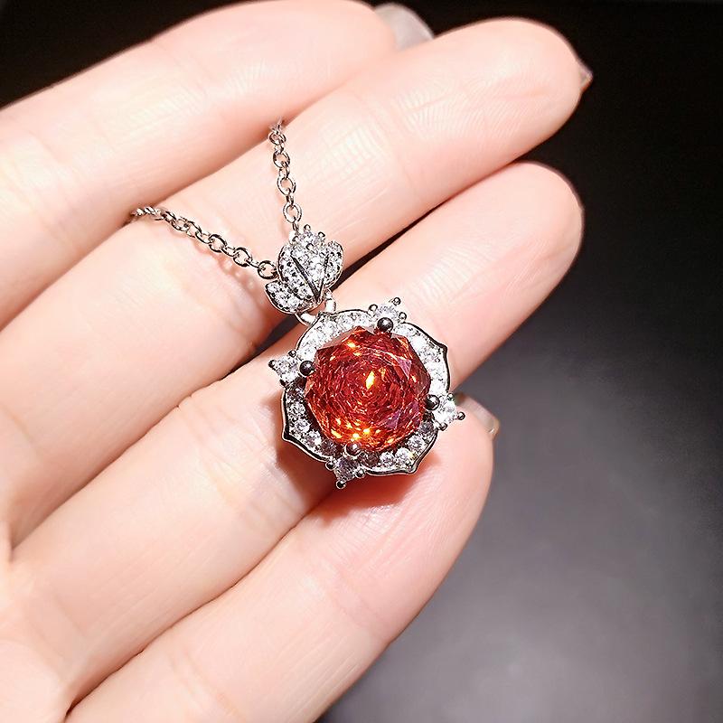 Octagonal Millennium Rose Cut Redstone Necklace Elegant Premium Pink Stone Yellow Diamond Leaf Pendant Female