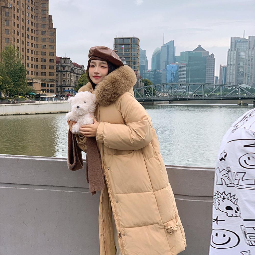New winter down cotton clothes women's medium and long knee-length thickened slim-fitting big fur collar hooded jacket