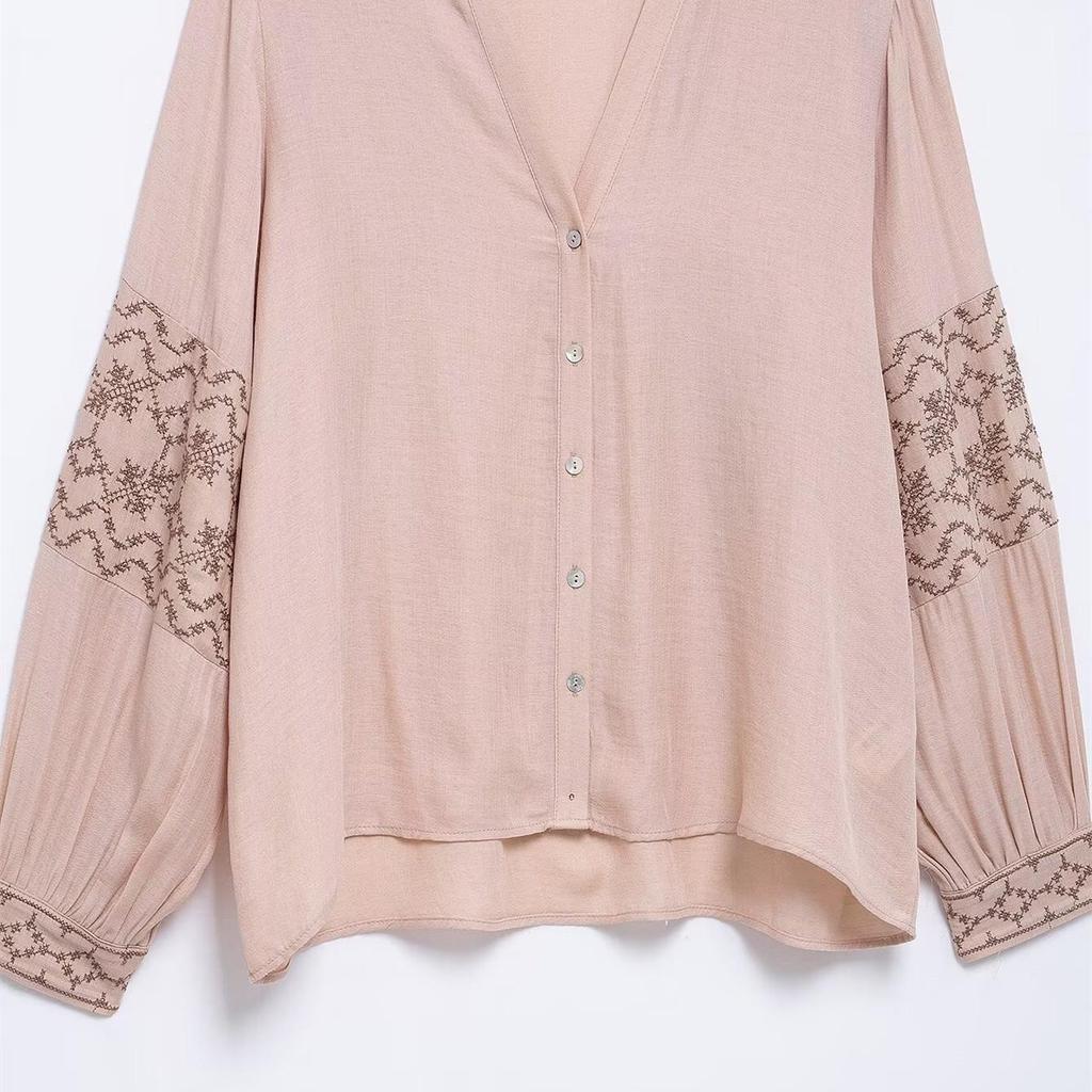 2025 Spring Women's V-Neck Embroidered Casual Shirt with Button Decor
