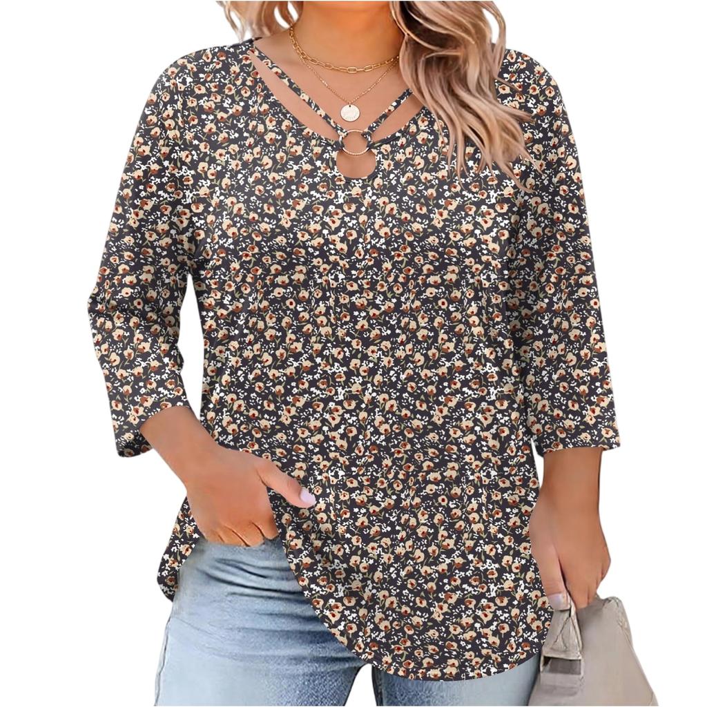 Women's Floral Print Three-Quarter Sleeve Top, Plus Size Casual Blouse