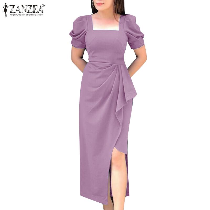 ZANZEA Women Casual Square Collar Summer Short Sleeve Elegant Dress