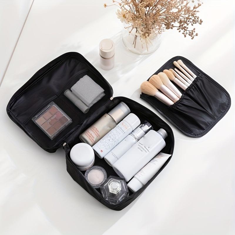 1pc Waterproof Black Travel Makeup Bag – Portable Cosmetic Organizer with Mesh Pockets & Zippered Compartments for Brushes, Makeup Travel Bag