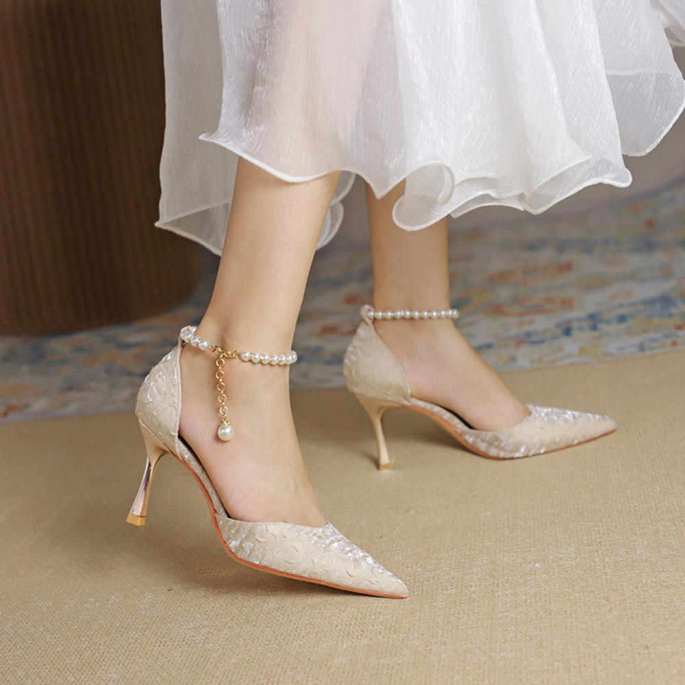 Women High Heeled Sandals Beads Hollow Shoes Pointed Head Shallow Mouth Stiletto High Heels Single Shoes Women Banquet Shoes
