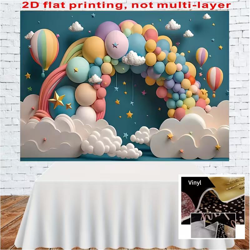 2D Dreamy Balloon Background, Pastel Balloon Arch & Clouds Themed Party Backdrop