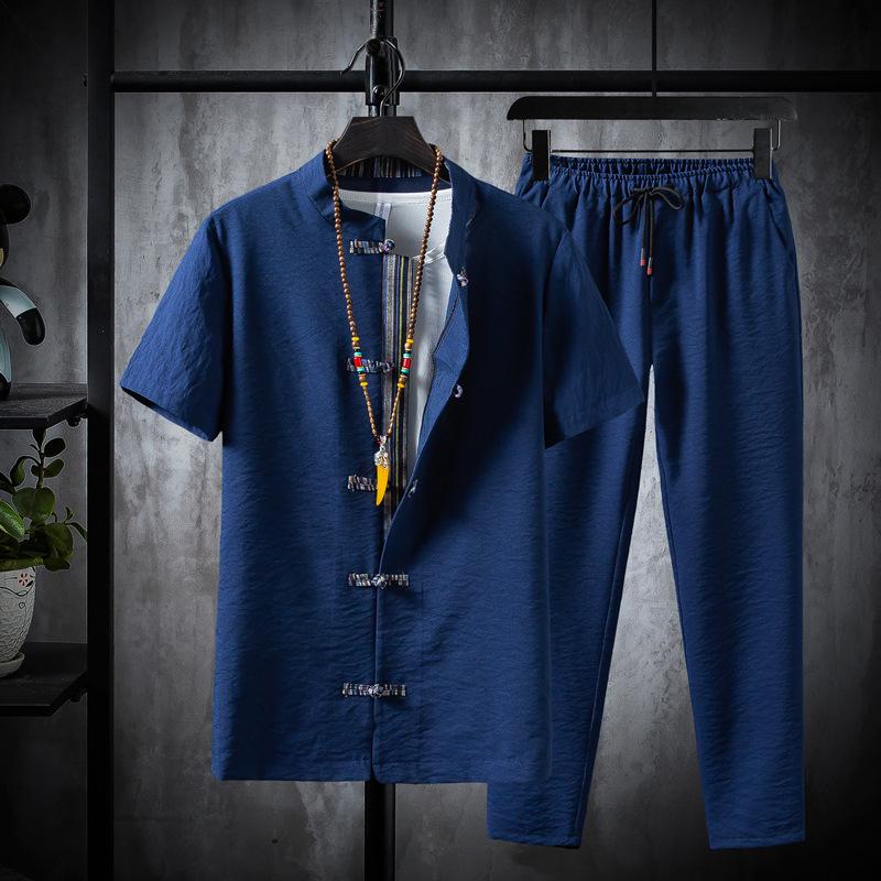 Ice Silk Summer Men's Cotton Linen T-Shirt & Long Pants Set - Casual Solid Color, Plus Size Available