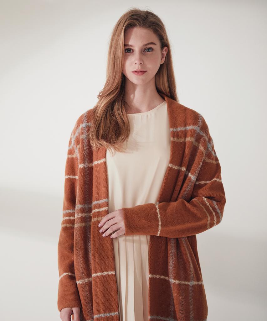 Not No-Button Wool Check Long Cardigan