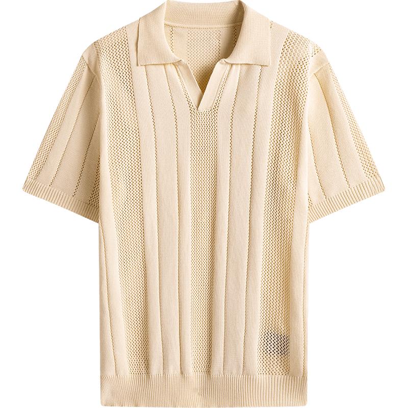 Mens Vertical Hollow Knit Short Sleeve Lapel V Neck Polo Shirt