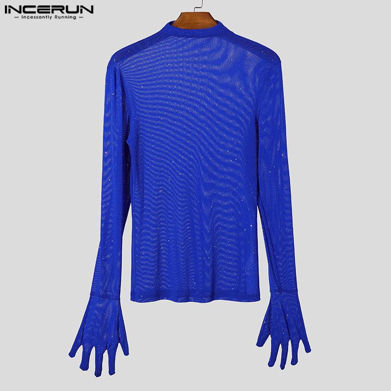 INCERUN Men Mockneck Long Sleeve Mesh Sheer Gloves Tops Slim Glitter Undershirts