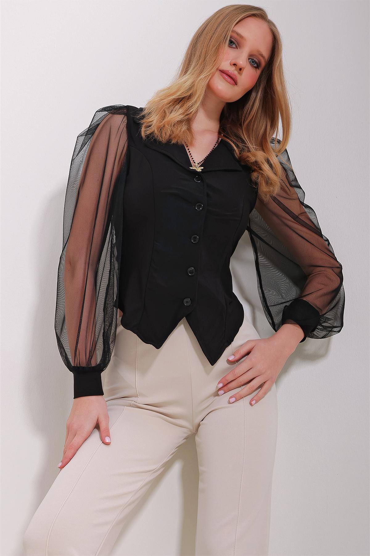 

Женская рубашка, новый сезон, модная черная рубашка цвета принцессы с тюлевыми рукавами и манжетами песочного цвета
