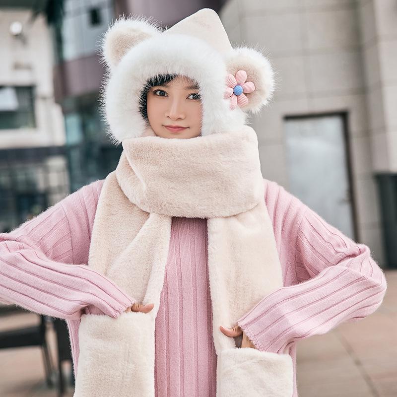 Cartoon Welpen Plüschmütze mit Schal und Handschuhen Set - Langohr-Design