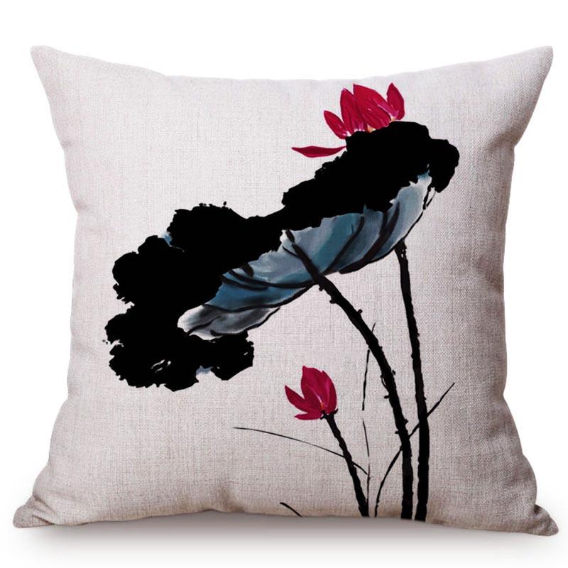 Chinese Style Vintage Ink Painting Lotus Pattern Throw Pillow Cover Classical Luxury Cushion Cover Sofa Decoration Pillowcase