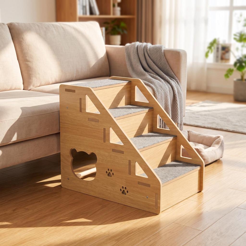 Space-Saving Pet Stair Ramp | Carpeted, Dog Steps with Carpet, for Living Room,